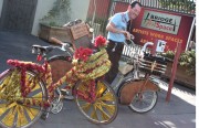 Slimm Buick arrived at the Bridge Art Space on his bike "Rawhide."  His wife Justine tenZeldam arrived on her glittery ride "Suburban Scraper."