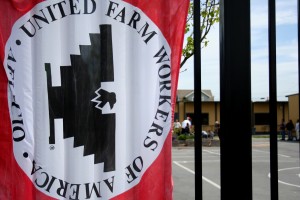 A United Farm Workers banner serves as a symbol for families, students, and community leaders as they plant produce and trees in the background.