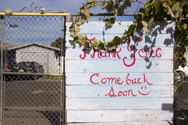 A hand painted sign stands next to the front gate of the Happy Lot Farm and Garden. (Photo by Brittany Murphy)