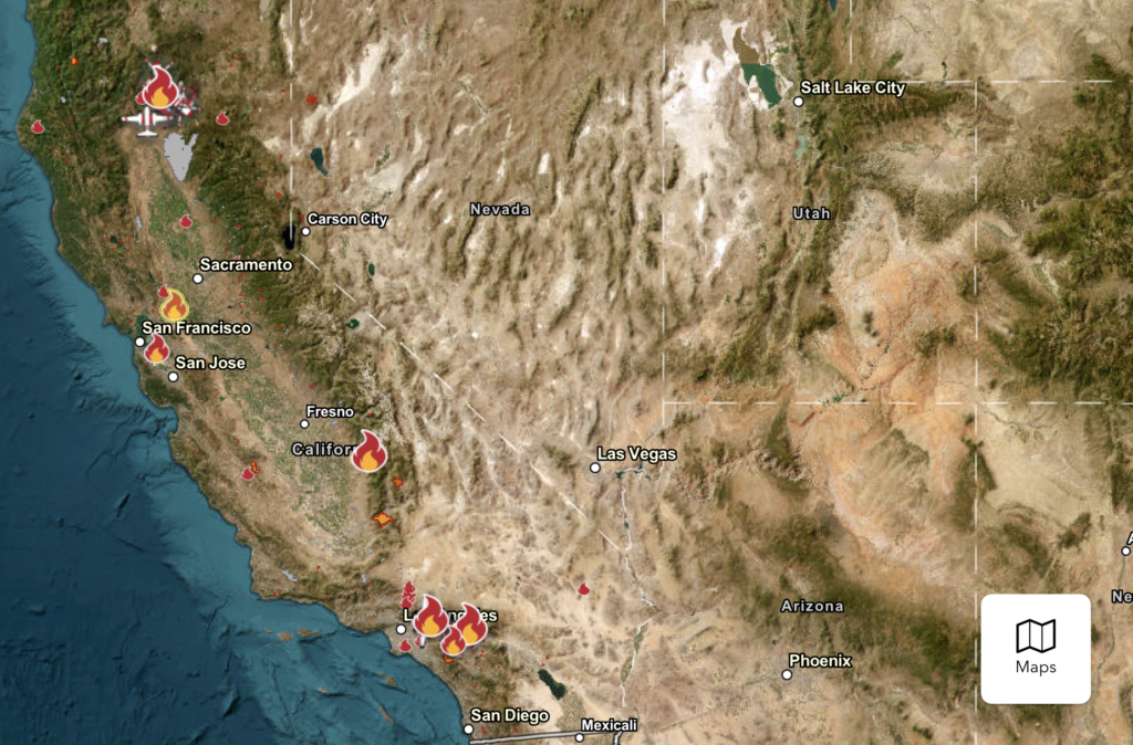 Cal fire map for Thursday, Oct. 17 shows total emergencies, wildfires, acres burned fatalities and structures damaged, with flames on a brown map of California to show where fires are.